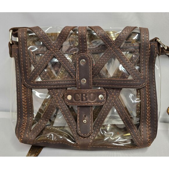 CBO Clear Brown Leather PVC Crossbody Bag adj. Strap game day boho detailed - Picture 1 of 6
